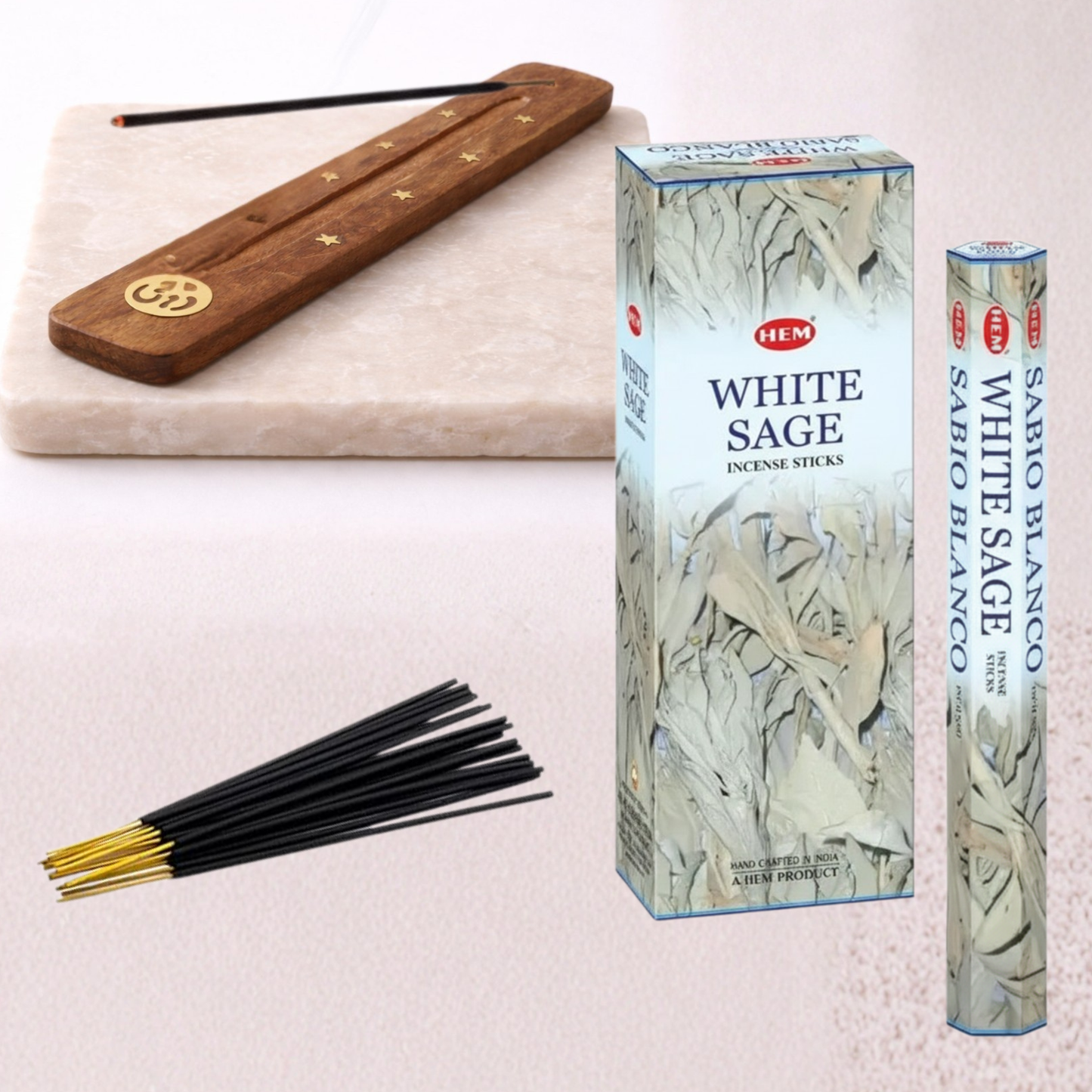 HEM White Sage incense sticks and packaging with wooden holder styled on slab