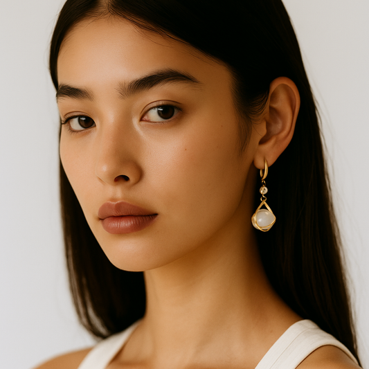 Model wearing Moonstone earrings