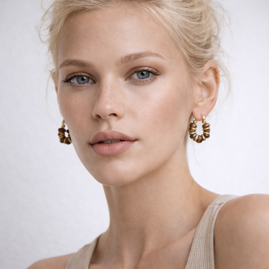 Model wearing Tiger’s Eye hoop earrings