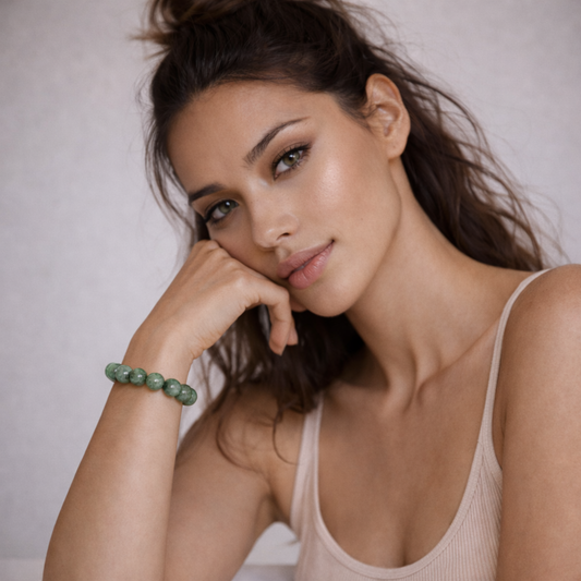 Model wearing jadeite crystal bracelet