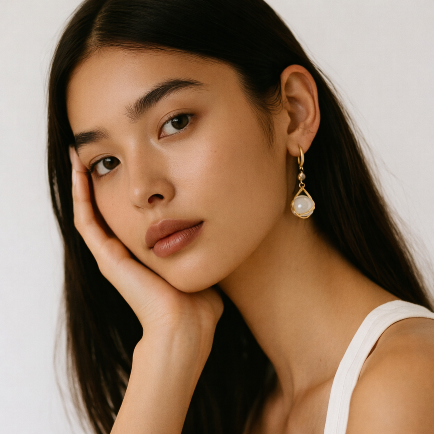 Woman wearing Moonstone earrings