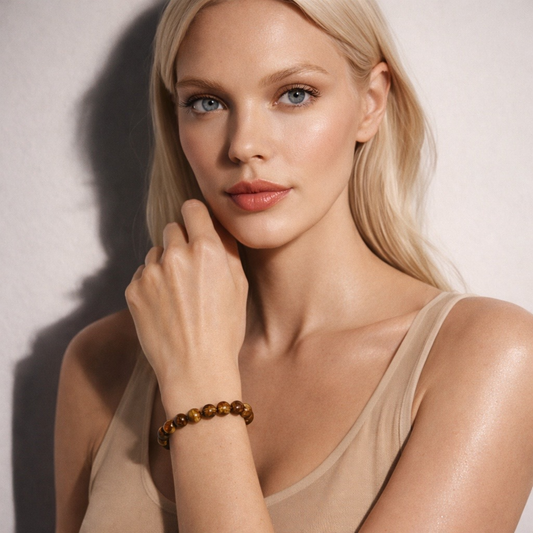 Woman wearing tiger’s eye crystal bracelet