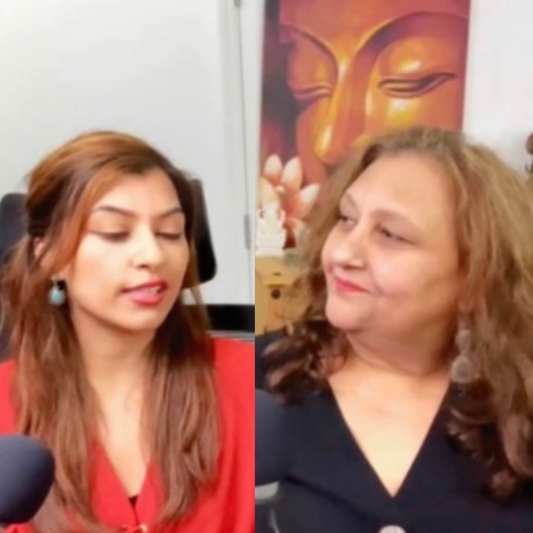 Astrology & Spirituality Podcast hosts in studio with microphones, split screen discussion on solar eclipse, Diwali and Vedic astrology insights