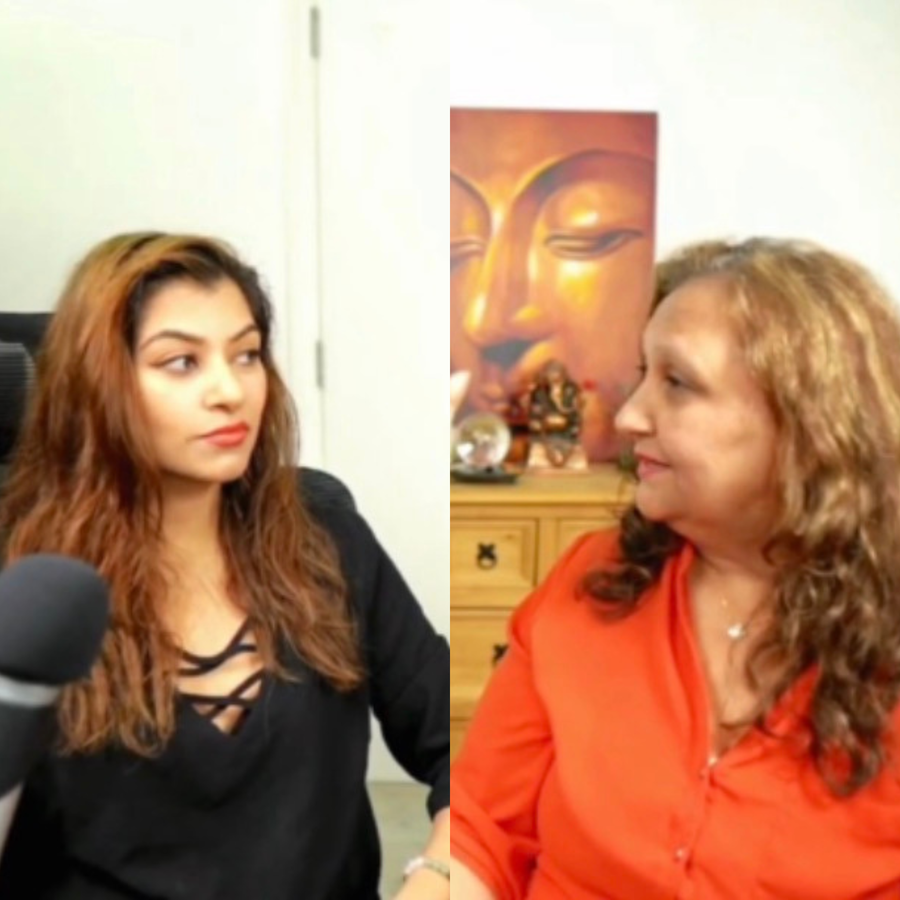 Astrology & Spirituality Podcast hosts in studio with microphones, split screen discussion on lunar eclipse, Vedic astrology and leadership impact