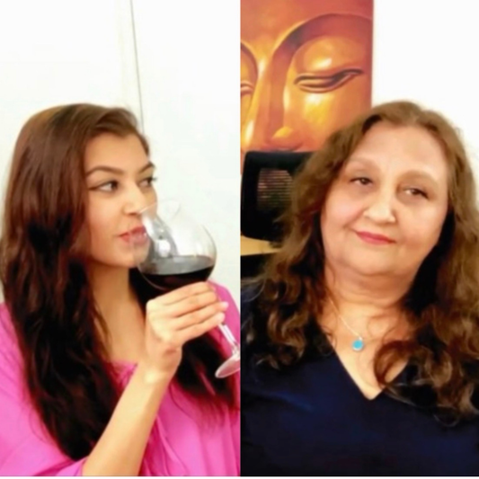 Astrology & Spirituality Podcast hosts in studio, woman holding red wine glass, split screen interview setup, episode on karma, marriage and Vedic astrology