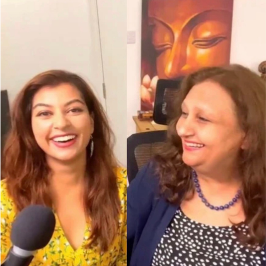 Astrology & Spirituality Podcast hosts in studio with microphones, split screen conversation on Vedic astrology, relationships, marriage and karmic connections