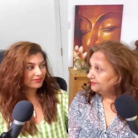 Astrology & Spirituality Podcast hosts in studio with microphones, split screen conversation on life purpose, dharma and Vedic astrology