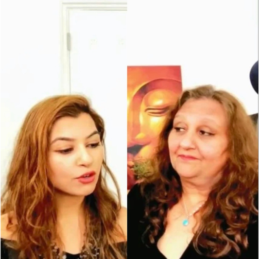 Astrology & Spirituality Podcast hosts in studio with microphones, split screen discussion on Sade Sati, Saturn transit and Vedic astrology insights