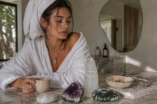 Woman in robe drinking tea at marble table with crystals, candle and bowl in sunlit neutral bathroom setting