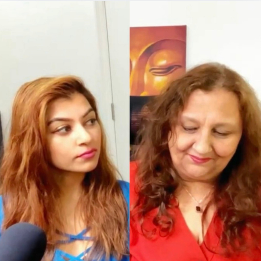 Astrology & Spirituality Podcast hosts in studio with microphones, split screen conversation on Vedic astrology, wealth, success and Dhan yogas