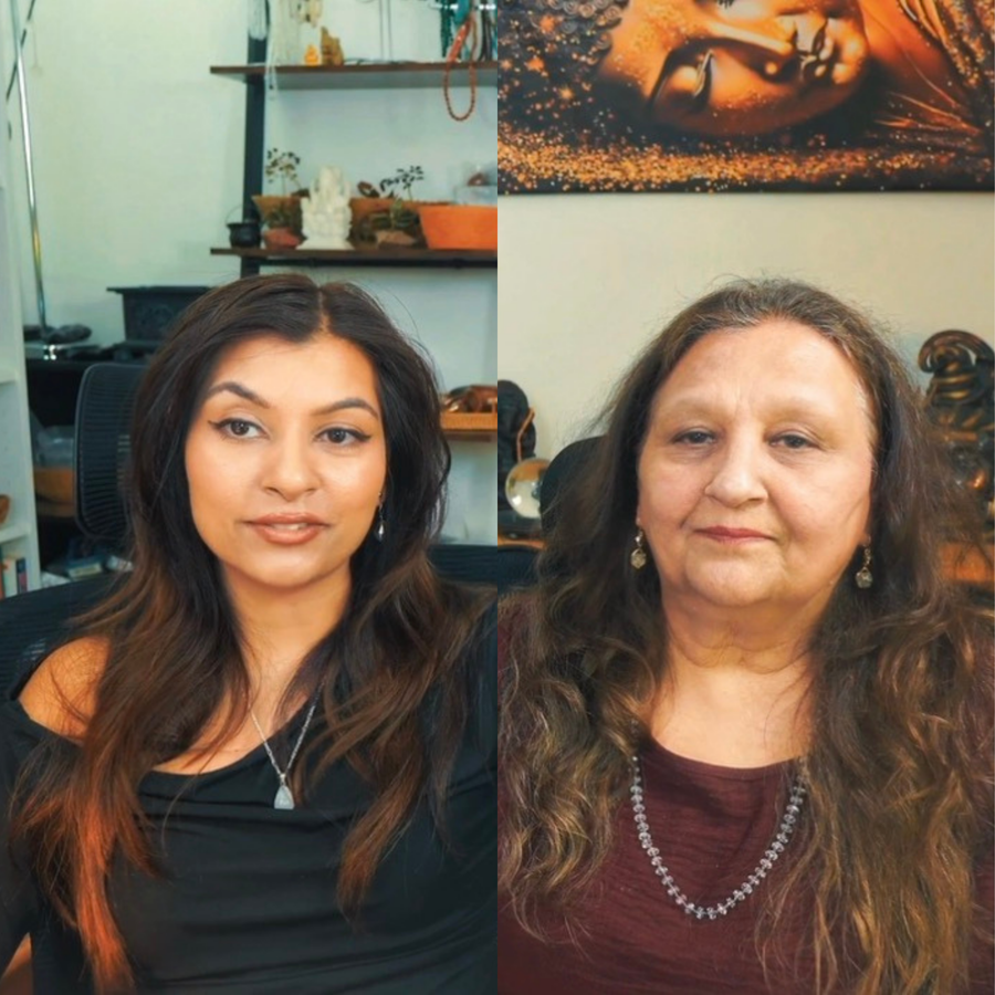 Split-screen of two women speaking on a podcast with spiritual decor backgrounds