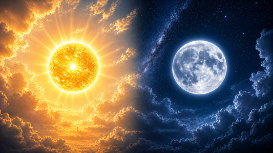 Golden sun and silver moon in a split celestial sky representing the difference between Sun signs and Moon signs.