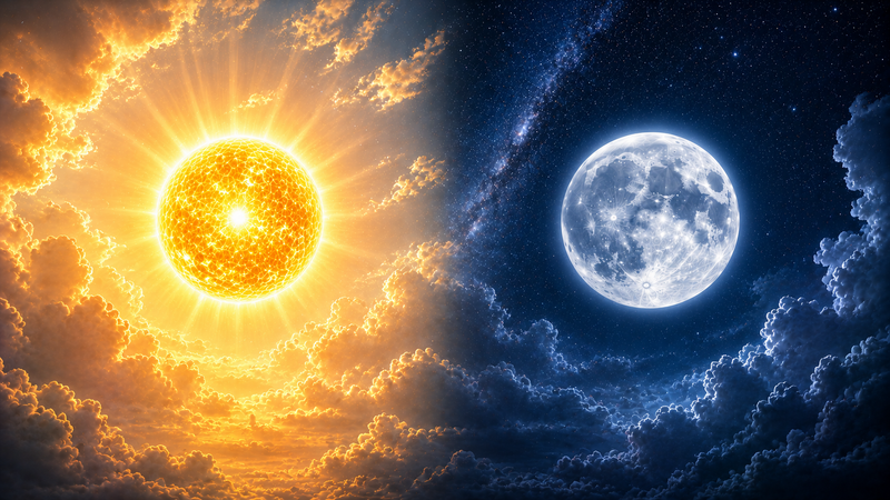 Golden sun and silver moon in a split celestial sky representing the difference between Sun signs and Moon signs.