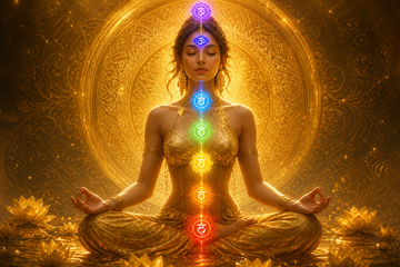 Golden woman in meditation with glowing chakra points aligned along the body, radiant spiritual background, calm and balanced atmosphere