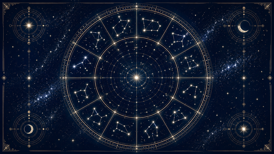 Gold zodiac wheel with glowing constellations and celestial symbols set against a deep blue night sky, featuring stars, moon phases and intricate astrology-inspired details