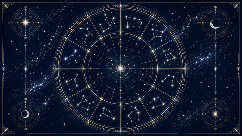 Gold zodiac wheel with glowing constellations and celestial symbols set against a deep blue night sky, featuring stars, moon phases and intricate astrology-inspired details