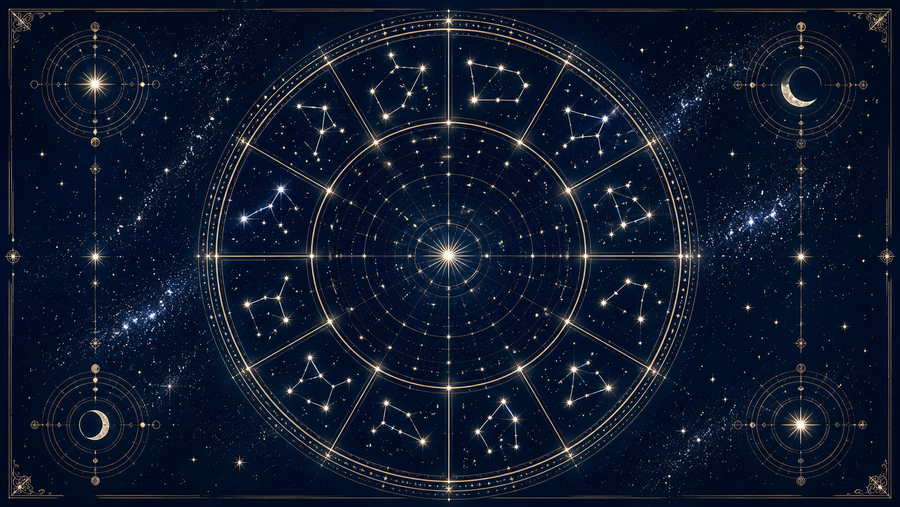 Gold zodiac wheel with glowing constellations and celestial symbols set against a deep blue night sky, featuring stars, moon phases and intricate astrology-inspired details