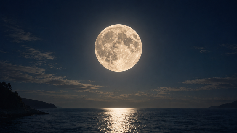 Bright full Moon shining over a calm ocean at night, reflecting silver light across the water beneath a deep blue sky with soft clouds along the horizon.