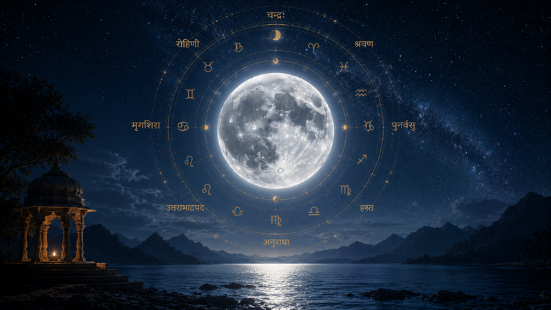 Large silver full moon above a calm ocean beneath a deep blue night sky, surrounded by subtle Vedic astrology symbols and celestial geometry with distant mountains on the horizon.