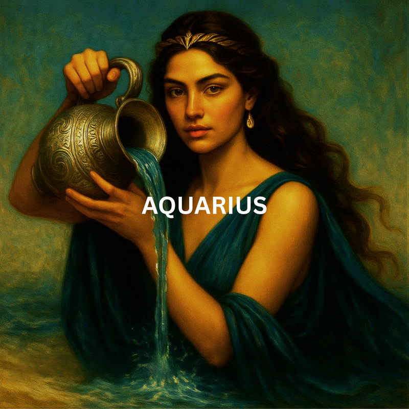 Aquarius zodiac artwork featuring woman pouring water from vessel in teal tones