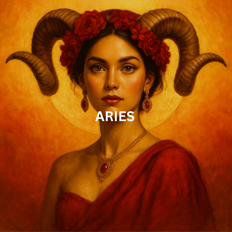 Aries zodiac artwork featuring woman with ram horns and red floral crown on warm orange background