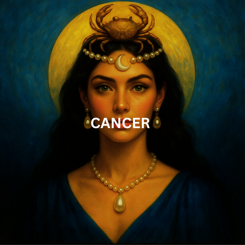 Cancer zodiac artwork featuring woman with crab crown and moon halo on dark blue background