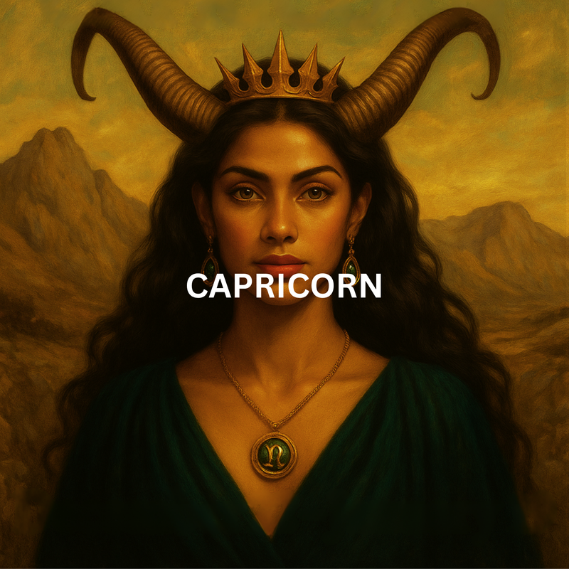 Capricorn zodiac artwork featuring woman with goat horns and crown on earthy mountain background