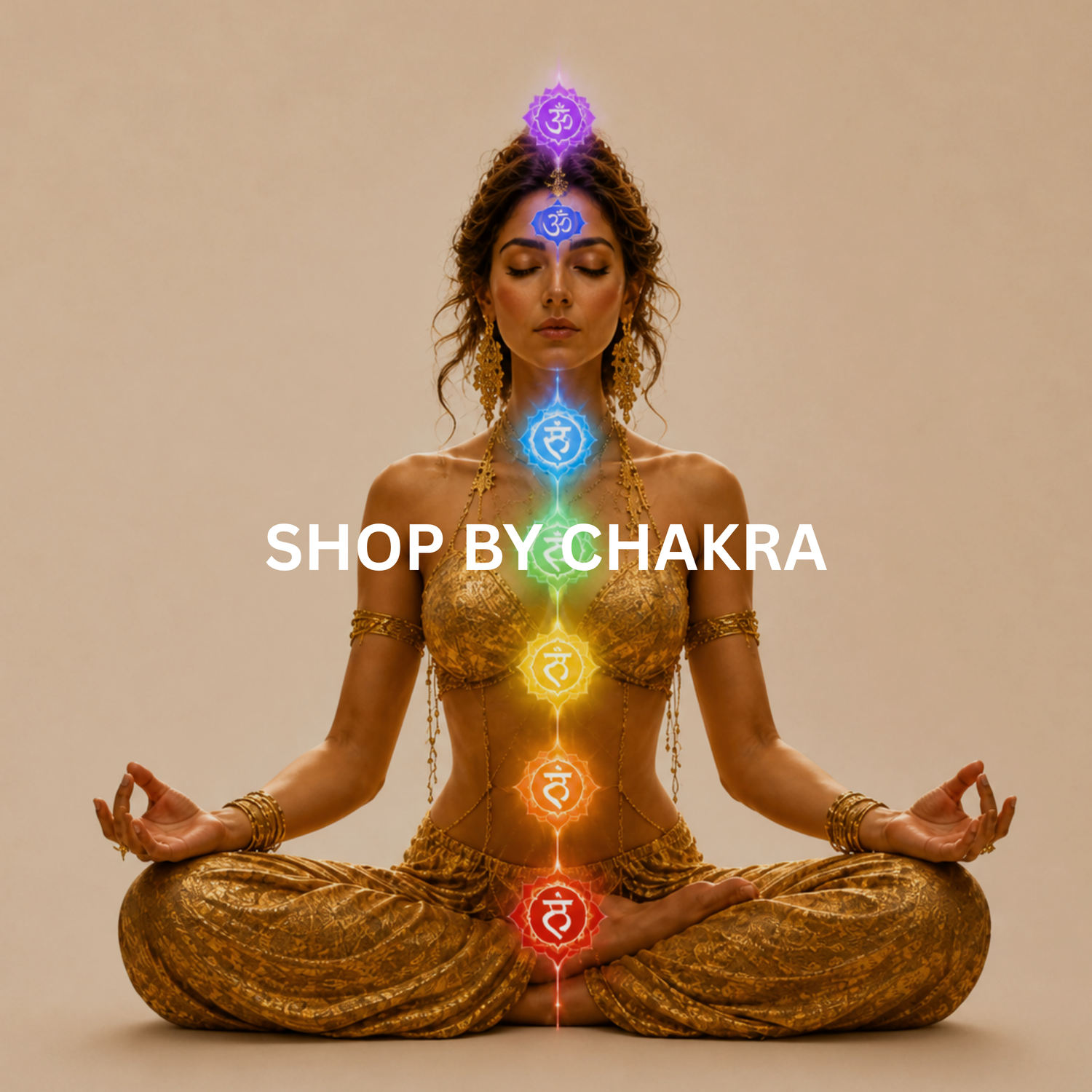 Golden woman in meditation with glowing chakra points aligned along the body, radiant mandala background, warm golden light, calm and balanced atmosphere, “shop by chakra” text overlay