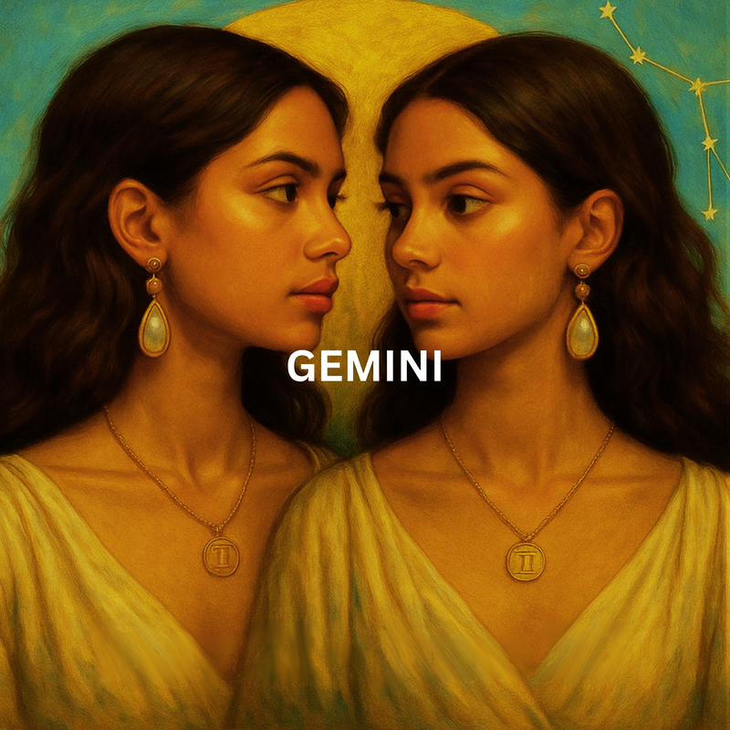 Gemini zodiac artwork featuring twin women facing each other with soft yellow and teal tones
