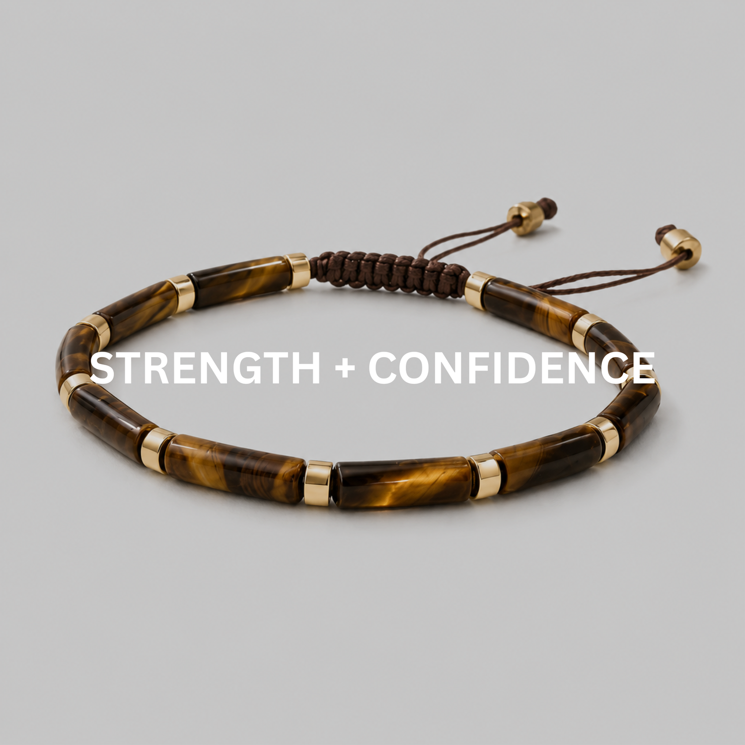 Strength + Confidence bracelet collection image featuring tiger’s eye beads with gold accents on white background