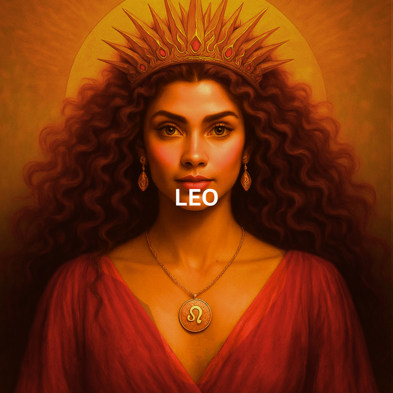 Leo zodiac artwork featuring woman with crown and voluminous hair on glowing golden background