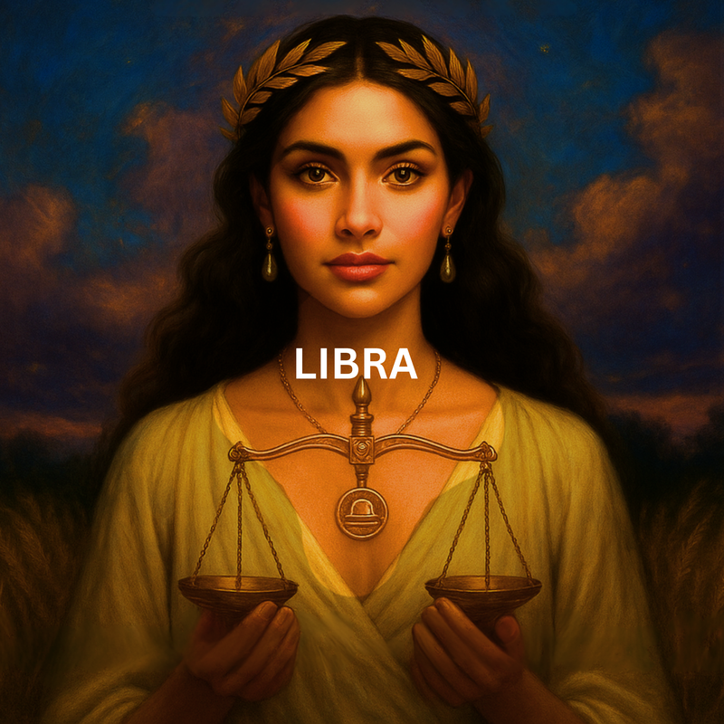 Libra zodiac artwork featuring woman holding scales symbol against dark sky background