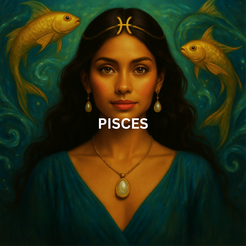 Pisces zodiac artwork featuring woman with fish and flowing water elements in blue tones