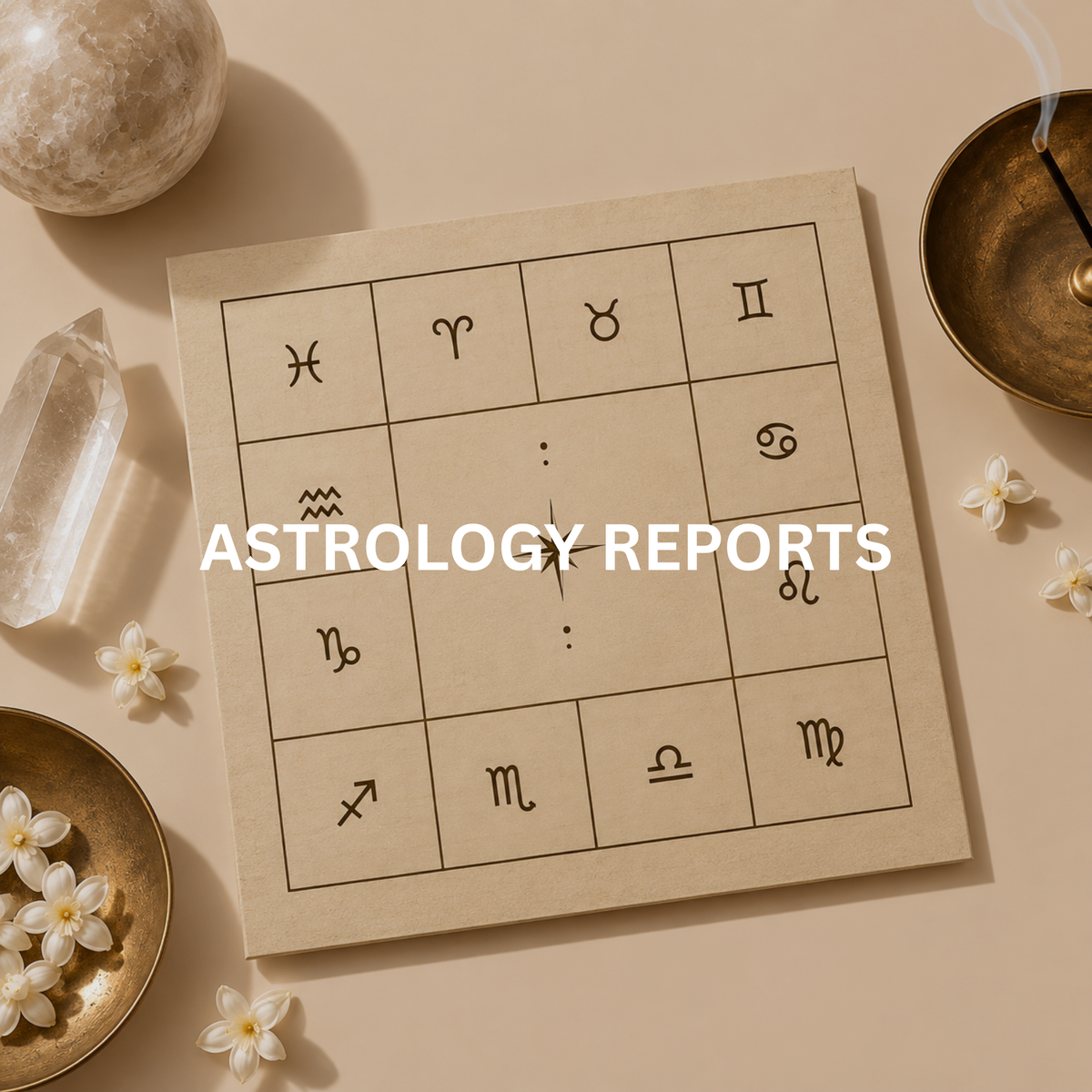 South Indian Vedic astrology birth chart with zodiac symbols, crystals and jasmine flowers on a warm beige background.