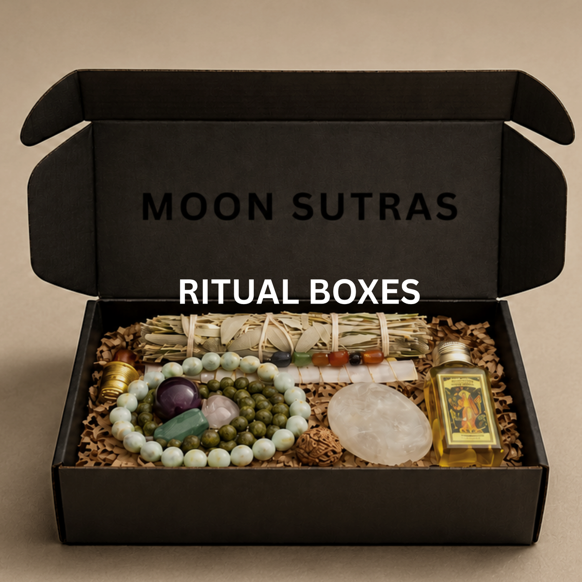 Moon Sutras ritual box with crystals, sage bundle, bracelet, and ritual oil on a warm beige background by Moon Sutras