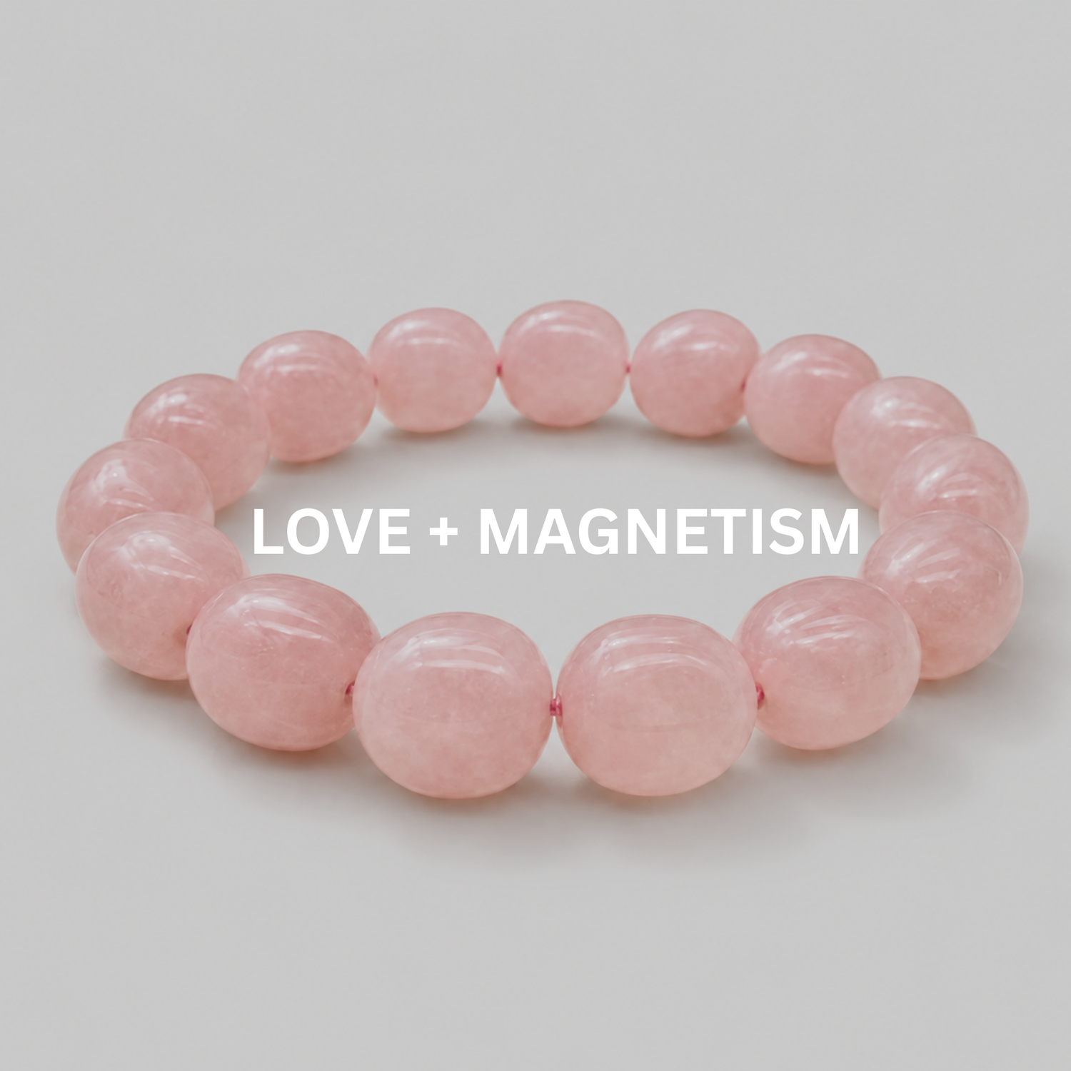Love + Magnetism bracelet collection image with soft pink rose quartz beads on white background