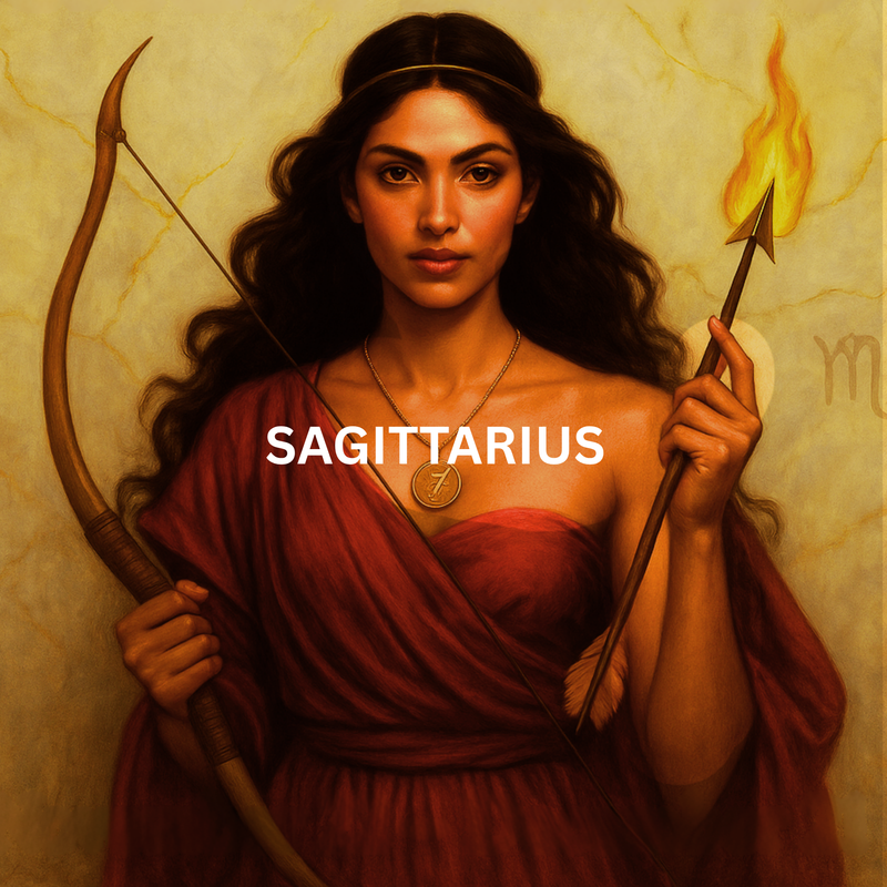 Sagittarius zodiac artwork featuring woman holding bow and arrow with fiery tones