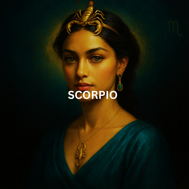 Scorpio zodiac artwork featuring woman with scorpion headpiece on deep green background