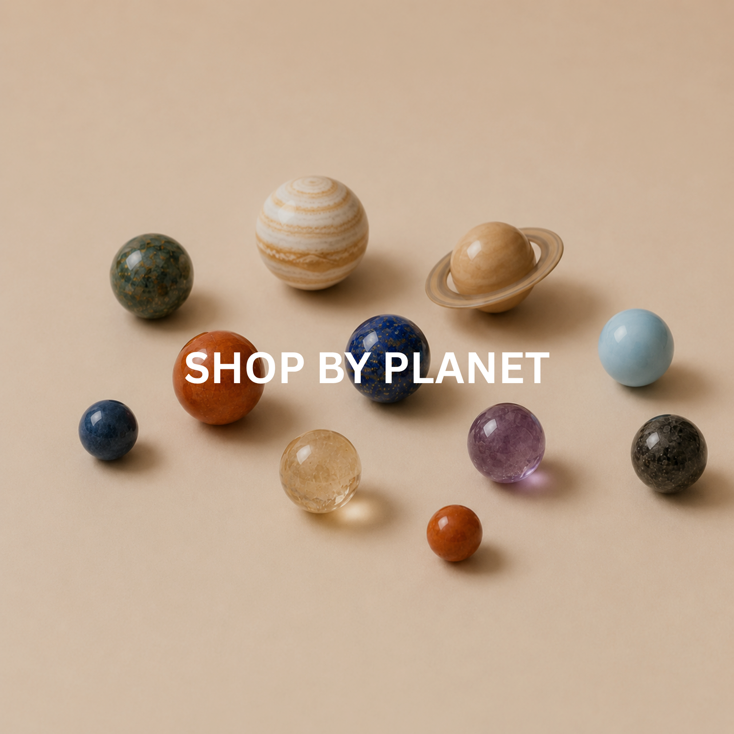 Shop by planet collection image featuring Vedic astrology symbols for Sun Surya, Moon Chandra, Mars Mangal, Mercury Budha, Jupiter Guru, Venus Shukra, Saturn Shani, Rahu North Node, and Ketu South Node on a neutral background