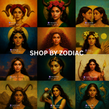 Shop by zodiac collection image featuring twelve illustrated zodiac signs arranged in a grid with artistic female portraits representing Aries to Pisces