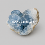 Moon + Rituals collection image featuring blue celestite crystal cluster on neutral background