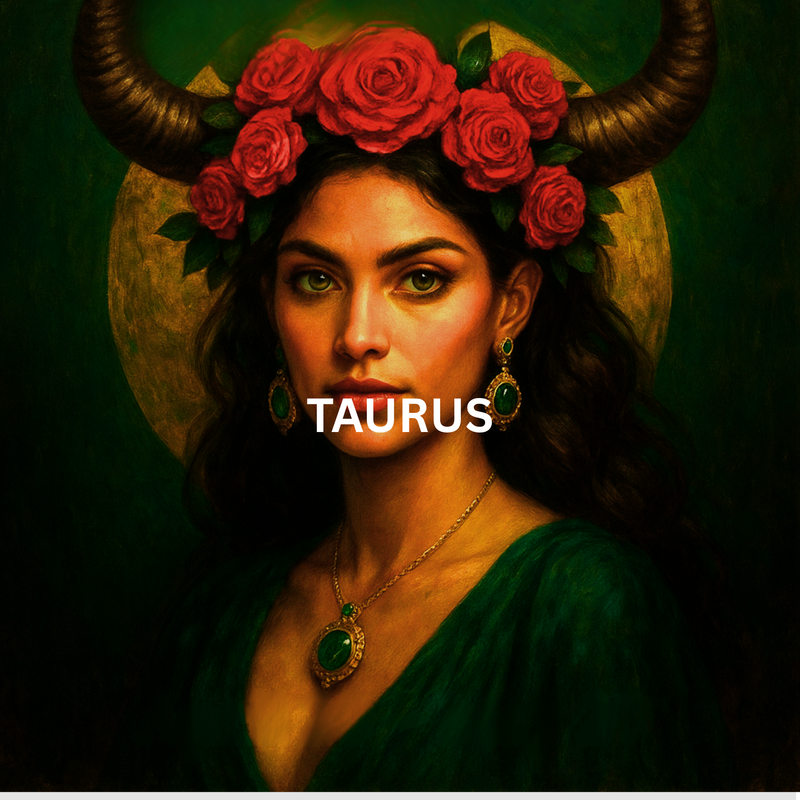 Taurus zodiac artwork featuring woman with bull horns and red roses on deep green background