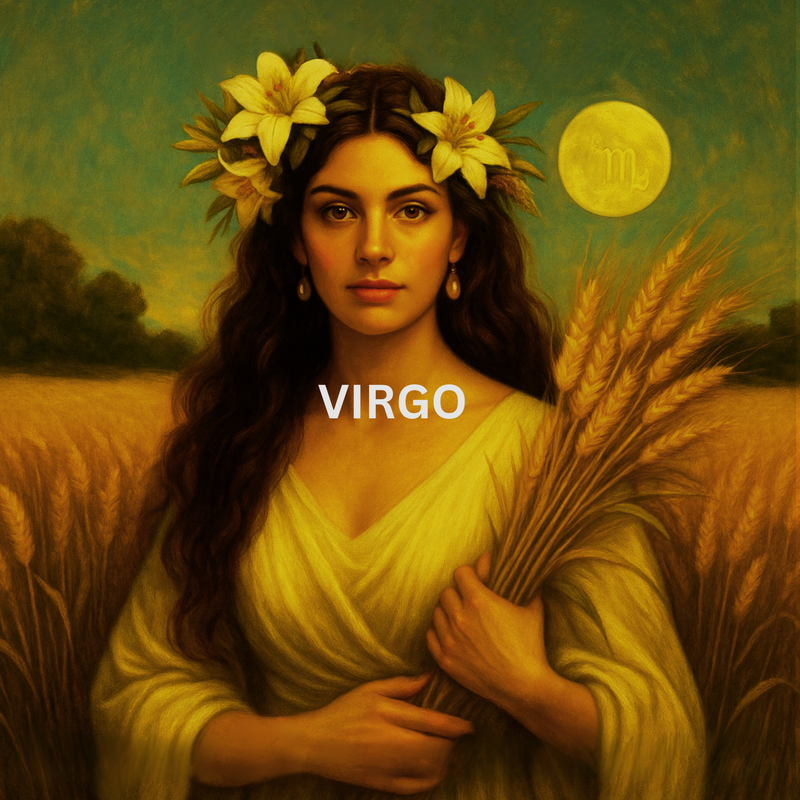 Virgo zodiac artwork featuring woman in wheat field holding harvest with soft yellow tones