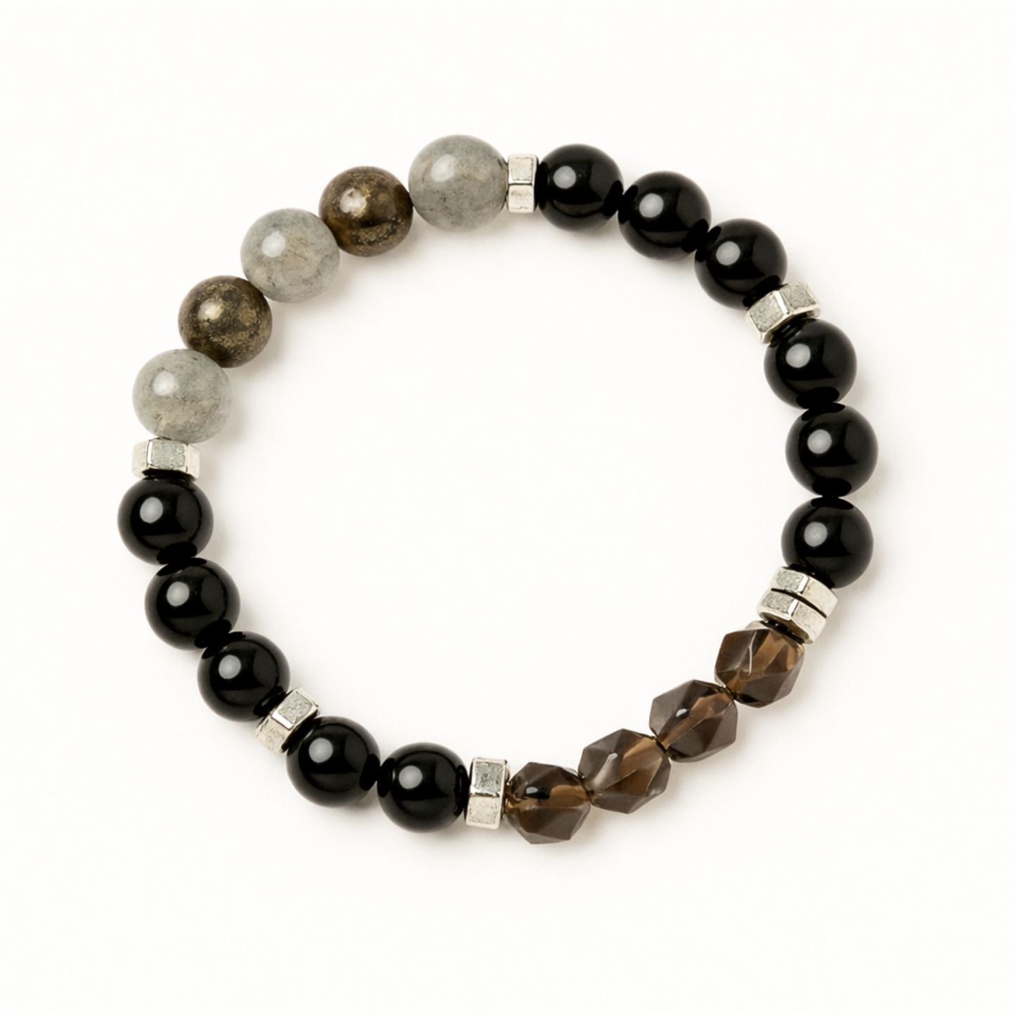 Protection crystal bracelet with labradorite, pyrite, black obsidian and smoky quartz by Moon Sutras