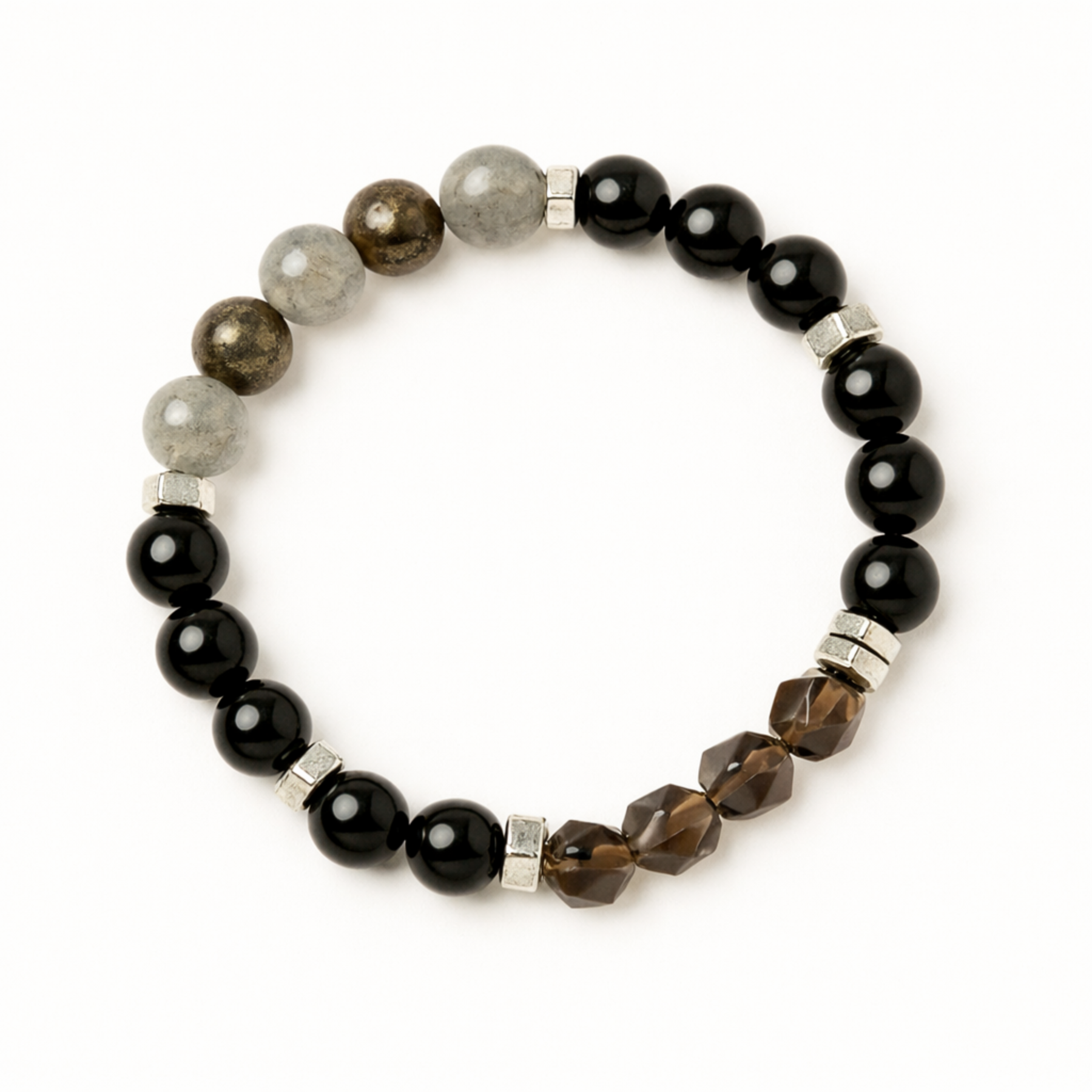 Protection crystal bracelet with labradorite, pyrite, black obsidian and smoky quartz by Moon Sutras