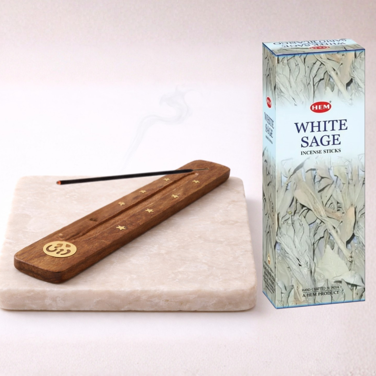 HEM White Sage incense with wooden holder on beige stone slab product styling
