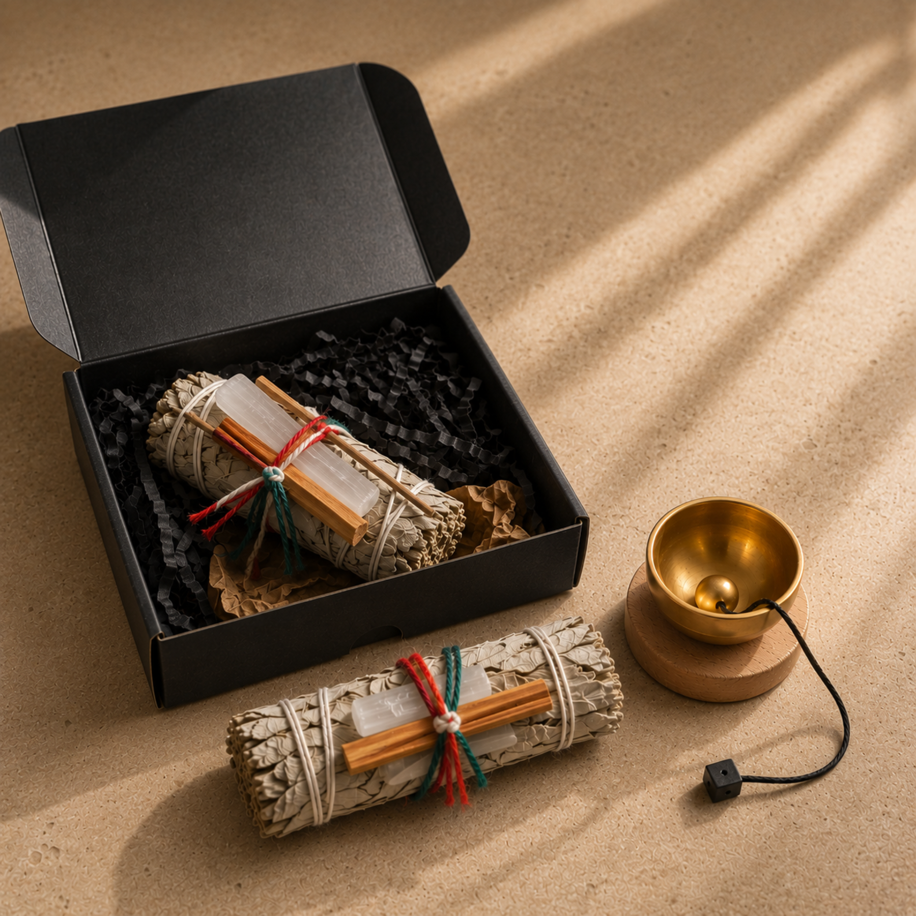 Two sage bundles, one smoking, displayed with a brass singing bowl and Moon Sutras gift box in natural sunlight.