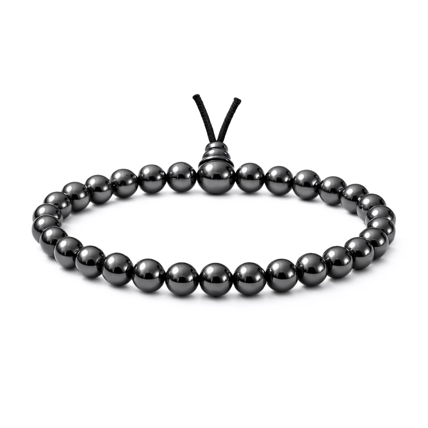 Adjustable hematite bead bracelet on white background