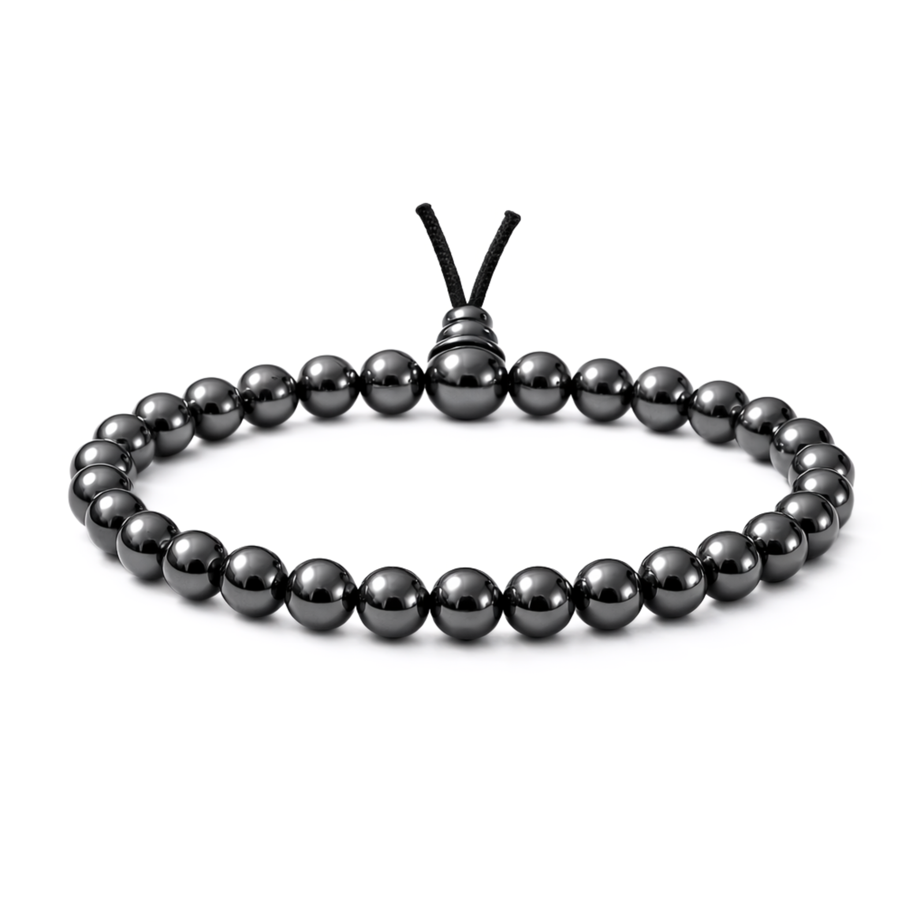 Adjustable hematite bead bracelet on white background