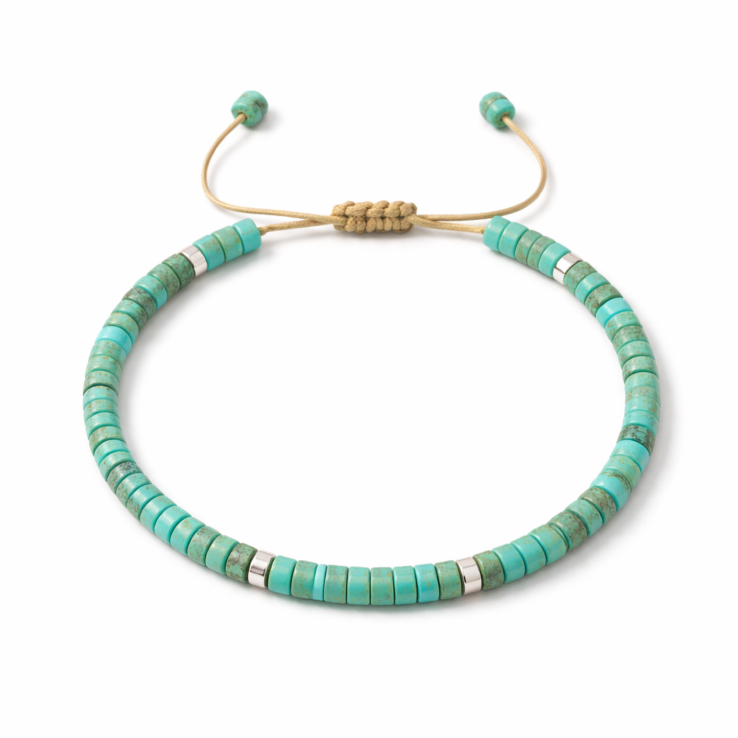 Adjustable turquoise cord bracelet on white background